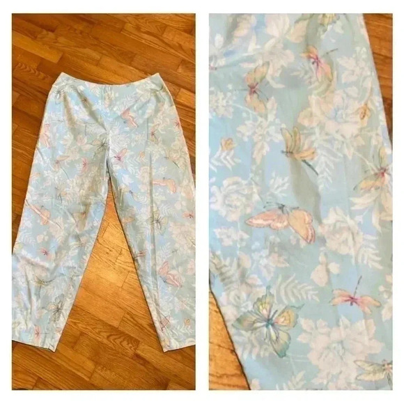 Talbots Butterfly Dragonfly Blue, Pink & White Cropped Pants, Size Medium. - Picture 1 of 15